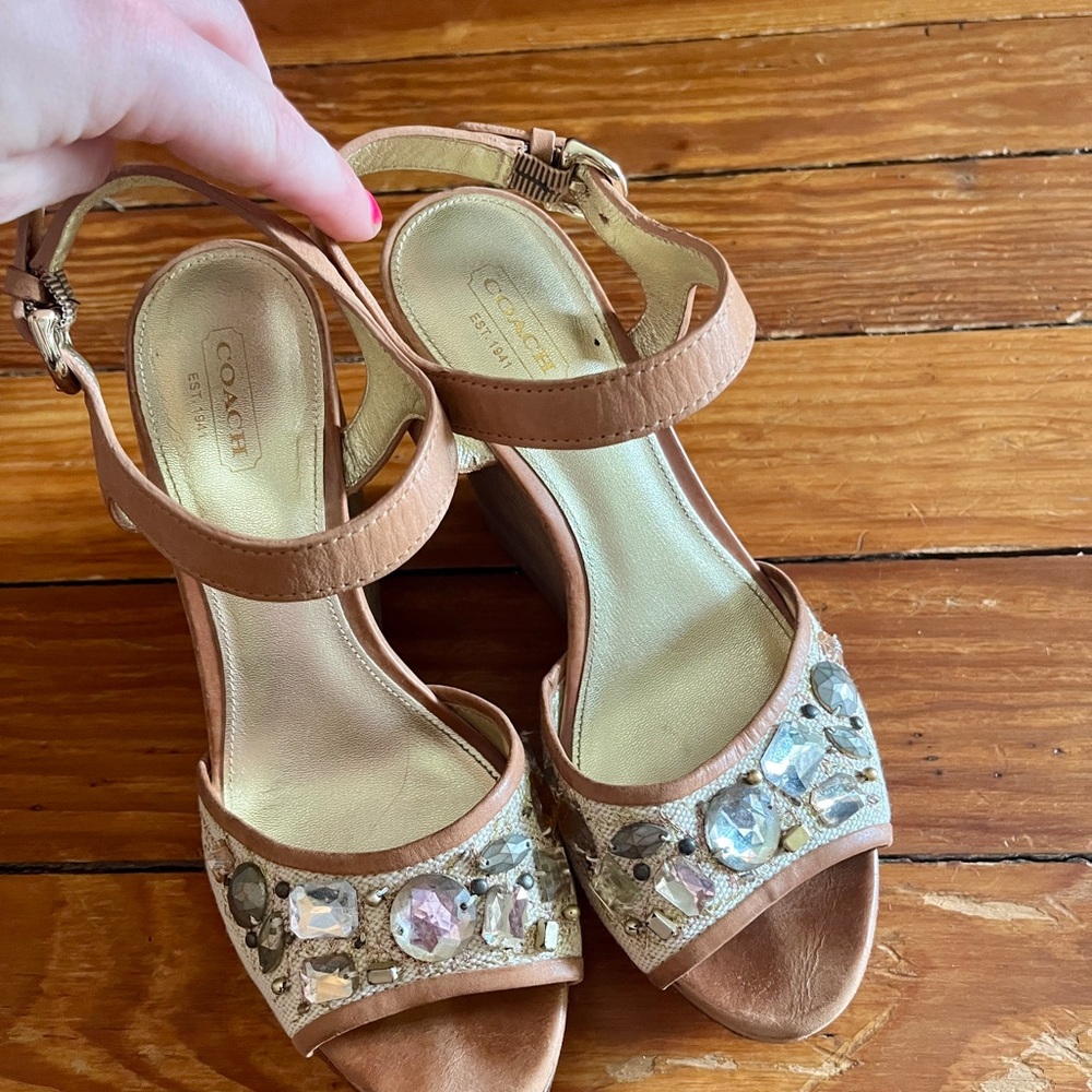 Coach Tan Wedge Sandals with rhinestone Design